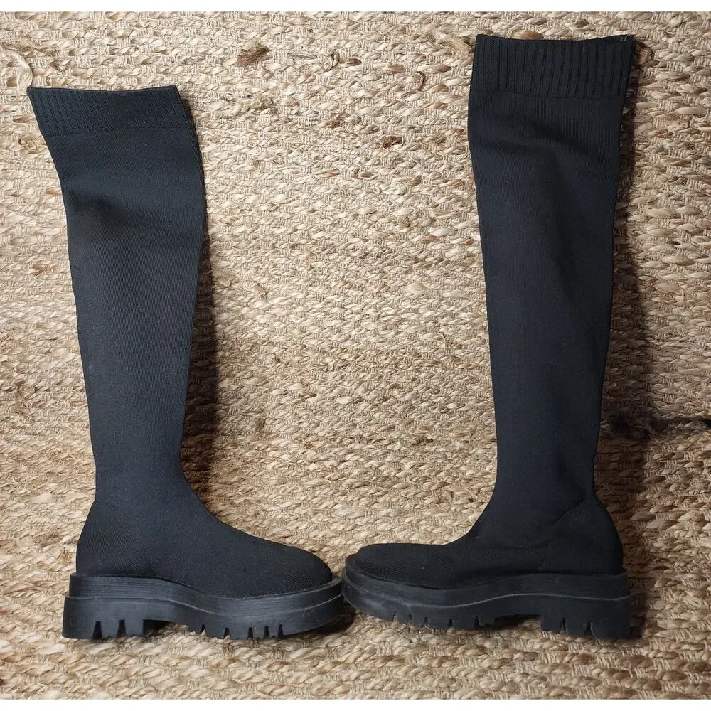 Women's Stretch Over The Knee Black Boots Thigh High Chunky Heel Winter Size 7
